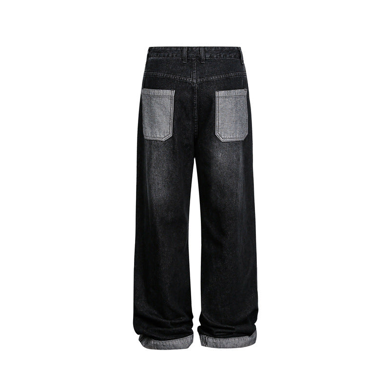 Unisex Weite Baggy-Denimhose mit hohem Bund und kontrastierten Eingrifftaschen Drune