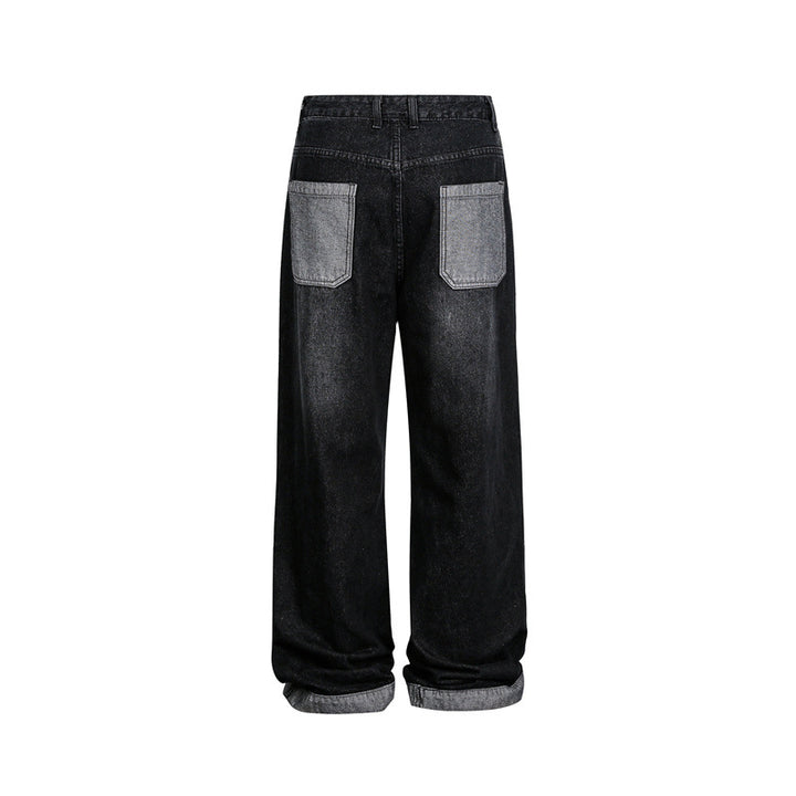 Unisex Weite Baggy-Denimhose mit hohem Bund und kontrastierten Eingrifftaschen Drune