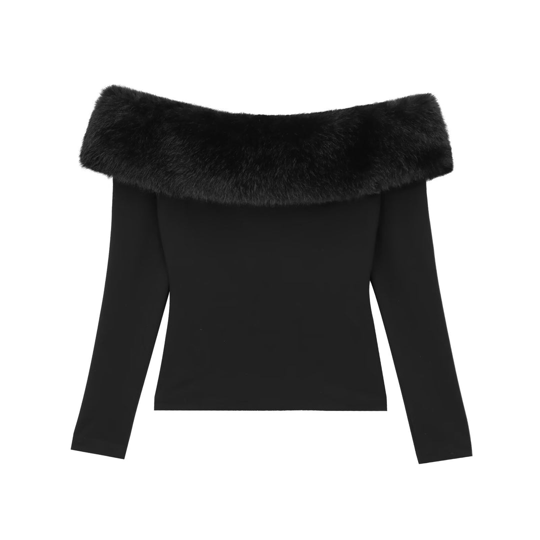 Damen Schulterfreier Langarmpullover mit weitem Faux‑Fur‑Schalkragen Drune