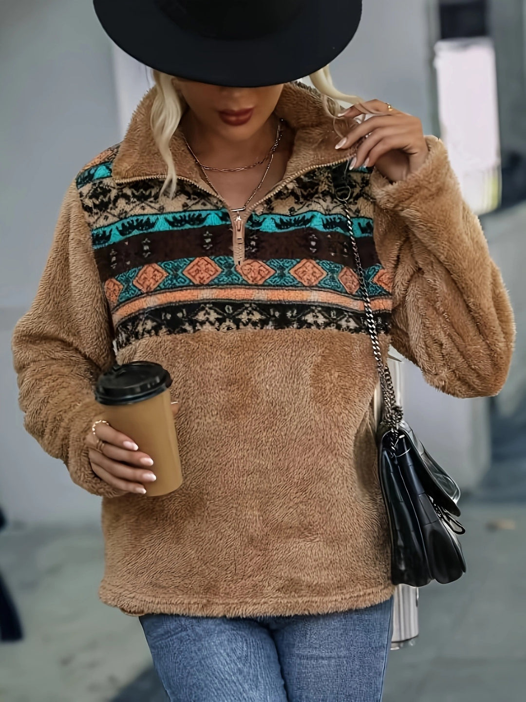Damen Fleece-Pullover mit modischem Reißverschluss und buntem Muster Drune