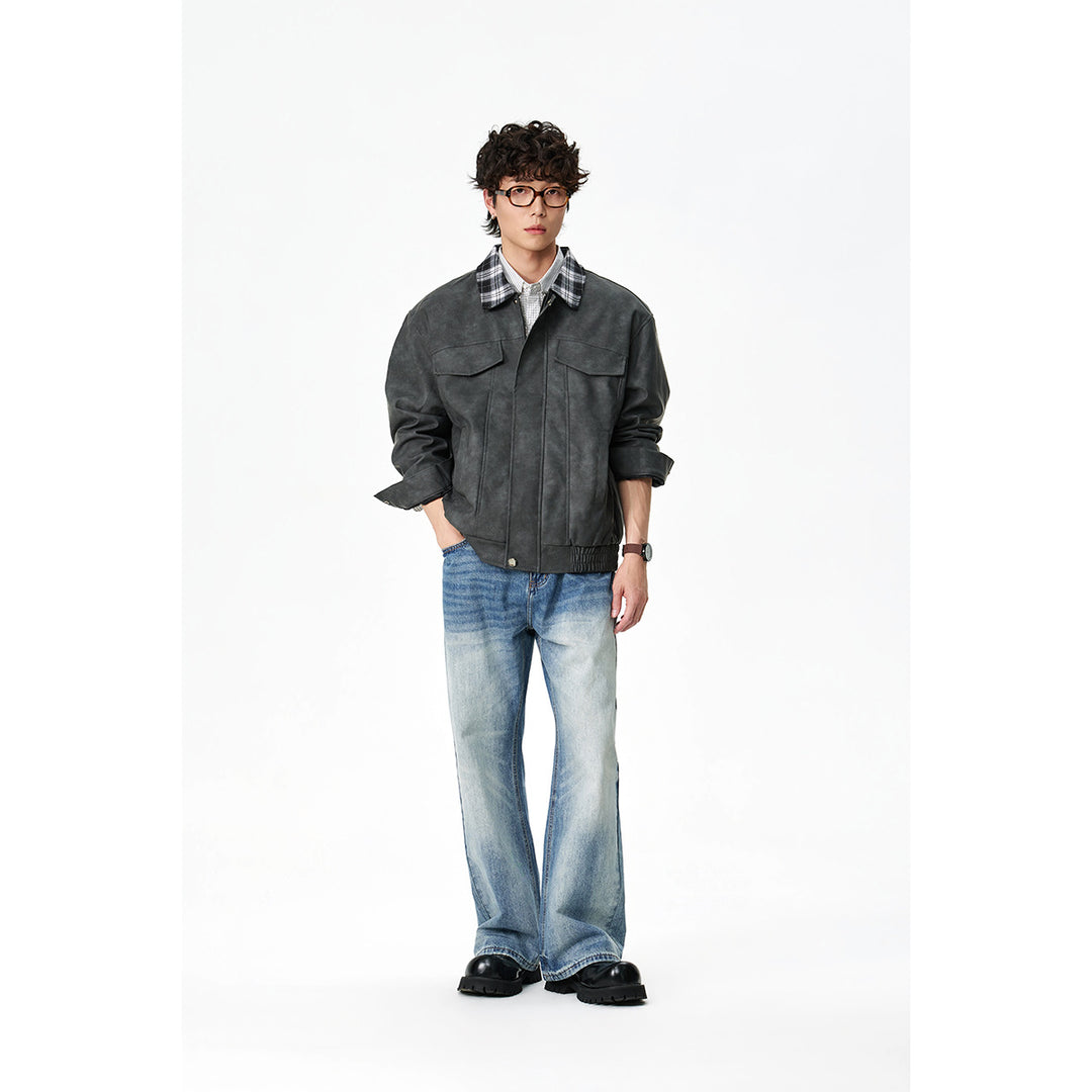 Herren Boxy Kunstleder‑Blouson mit kariertem Umlegekragen und Pattentaschen Drune
