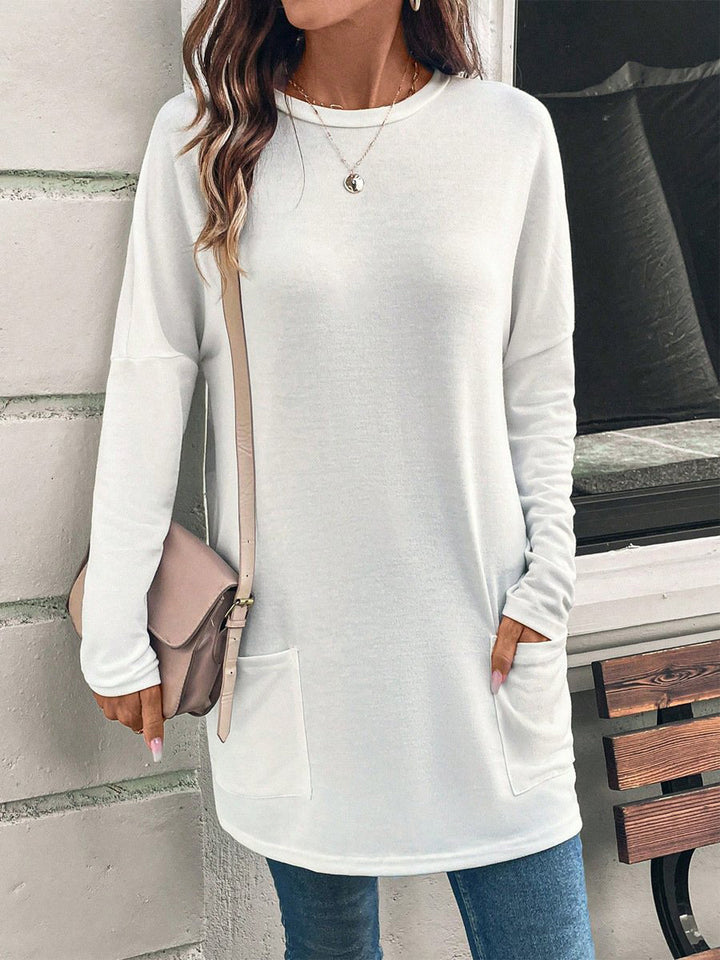 Weit geschnittene lange Tunika für Damen mit rundem Ausschnitt, seitlichen Taschen und weichem Jersey Drune