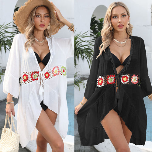 Damen eleganter Strandüberwurf mit floralem Häkelmuster Drune