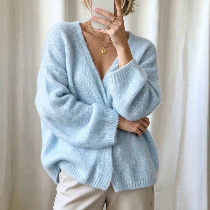 Damen Offener Fluffy-Feinstrick-Cardigan mit tiefem V‑Ausschnitt und legerer Oversize‑Silhouette Drune