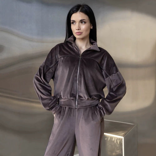 Damen ausgestelltes Velours-Jogginganzug-Set mit kurzer Reißverschlussjacke und hochtaillierter Kordelhose Drune