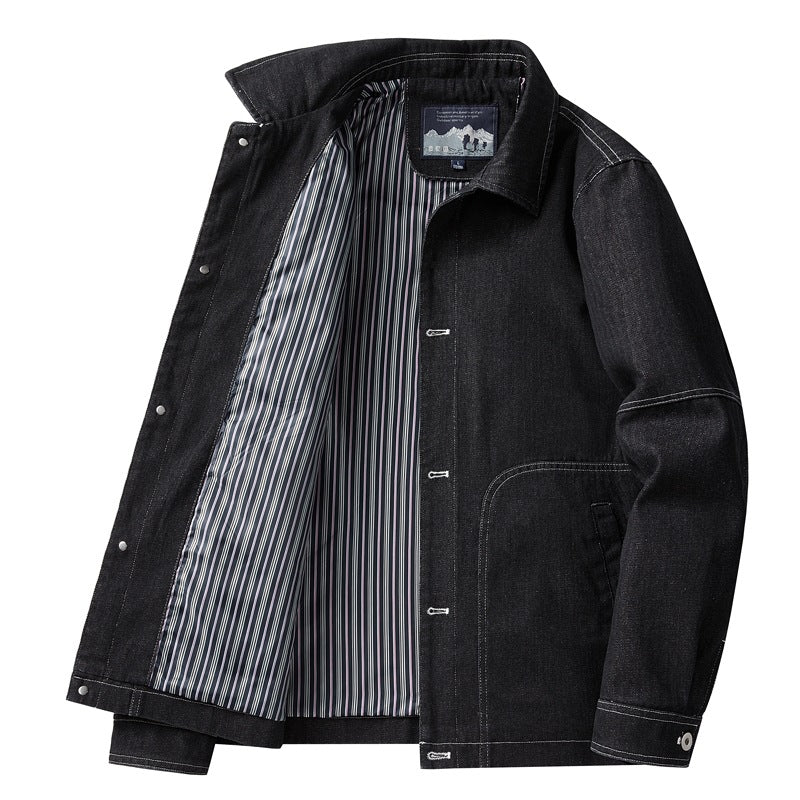 Herren Denim-Workerjacke mit geradem Schnitt, Kontrastnähten & gestreiftem Innenfutter Drune