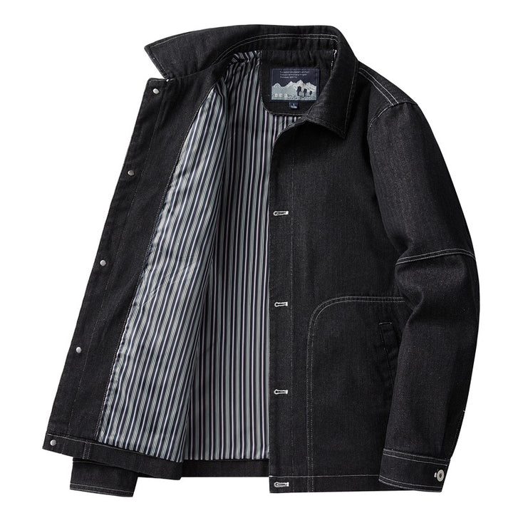 Herren Denim-Workerjacke mit geradem Schnitt, Kontrastnähten & gestreiftem Innenfutter Drune