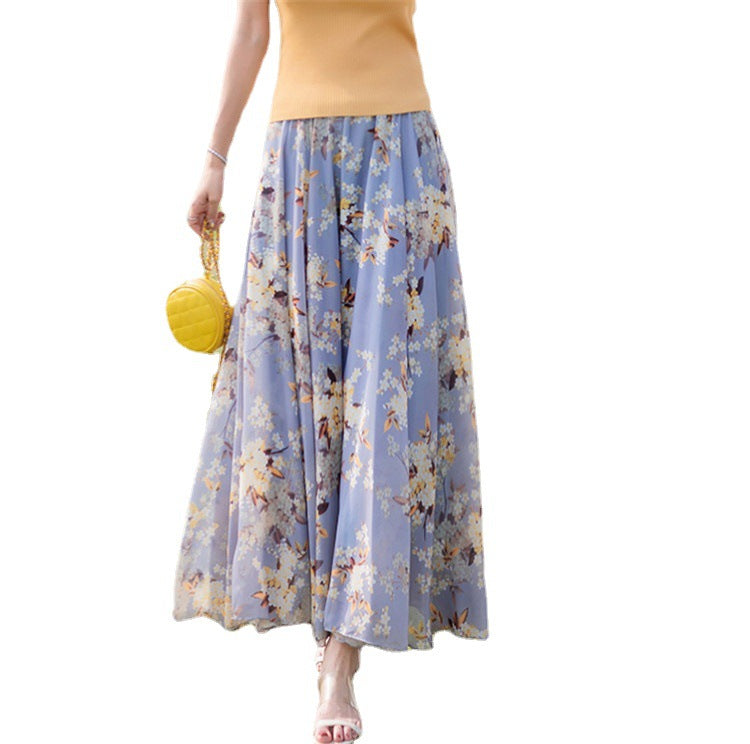 Damen nan lange plissierte Maxirock mit floralem Sommerprint und elastischem Bund Drune