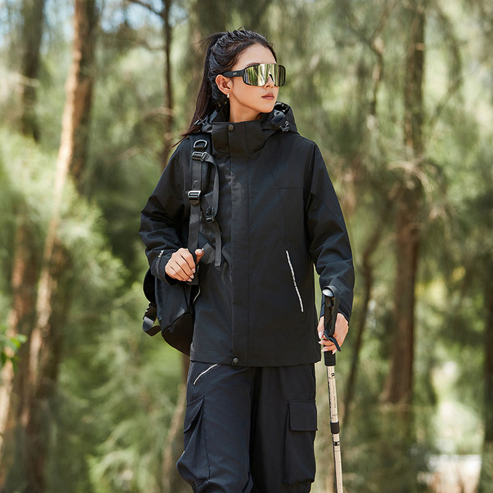 Damen Wasserfeste Outdoorjacke mit Kapuze und markantem Bergprint Drune