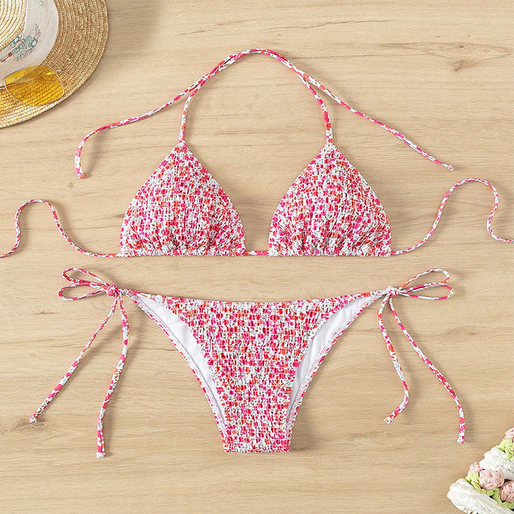 Damen Triangelbikini mit verspieltem Blütenmuster und einstellbaren Bindebändern Drune