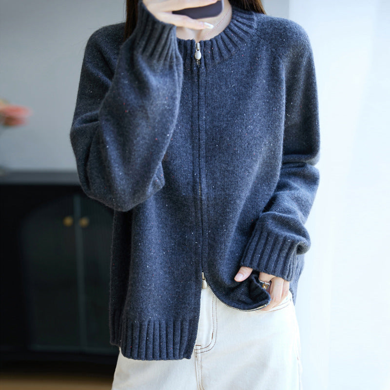 Damen Zip-Strickjacke mit Rundhalsausschnitt, feinem Nep‑Garn und gerippten Abschlüssen Drune