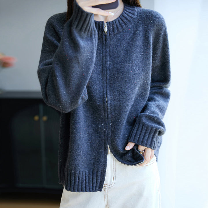 Damen Zip-Strickjacke mit Rundhalsausschnitt, feinem Nep‑Garn und gerippten Abschlüssen Drune