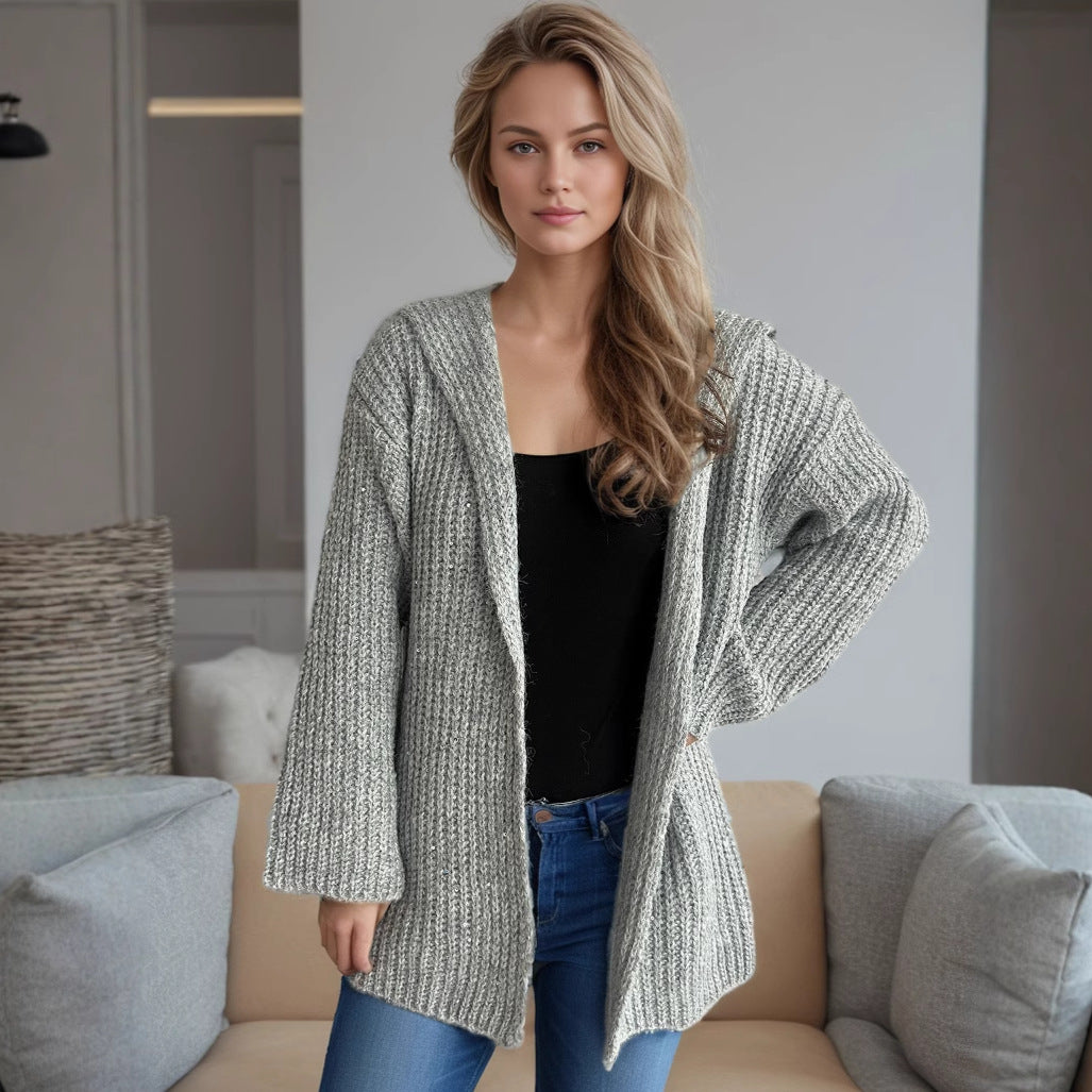 Damen lässige Strickjacke mit offenen Vorderteilen und lockeren Ärmeln Drune