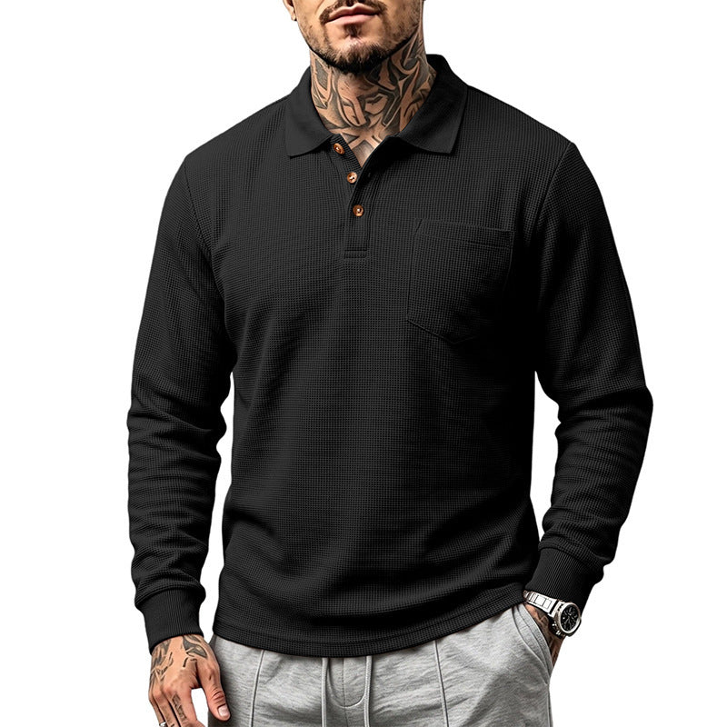 Herren Waffelstrukturiertes Langarm-Poloshirt mit Brusttasche und Holzknopfleiste Drune