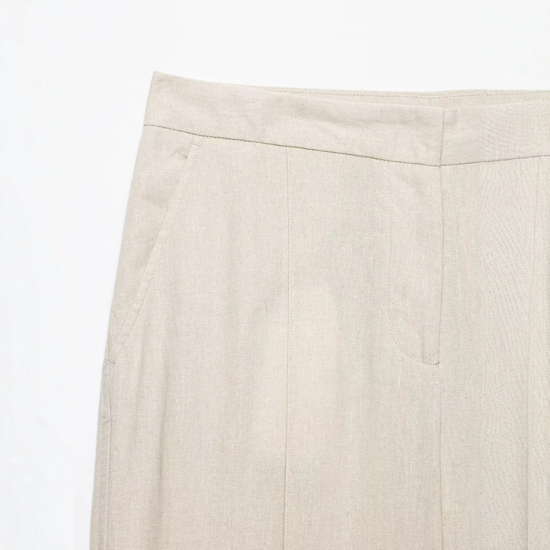 Damen Leichtweite Leinenoptik-Hose mit Bügelfalte und hoher Taille Drune
