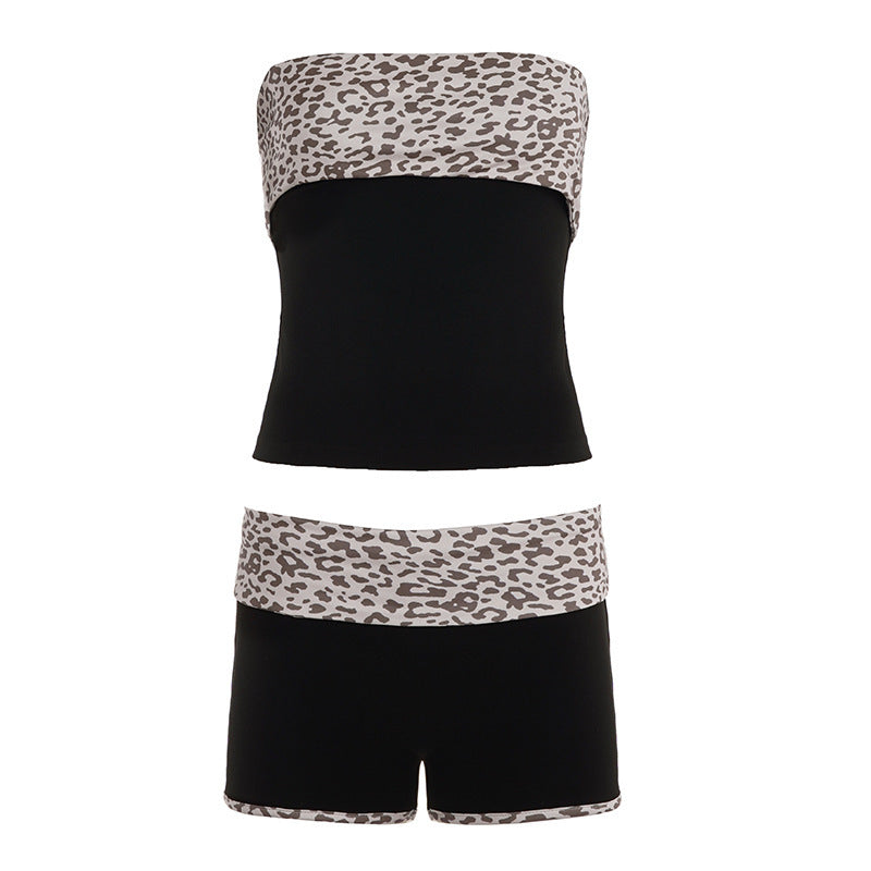 Damen Bandeau-Bikini-Set mit modischem Leopardenmuster und bequemen Shorts Drune