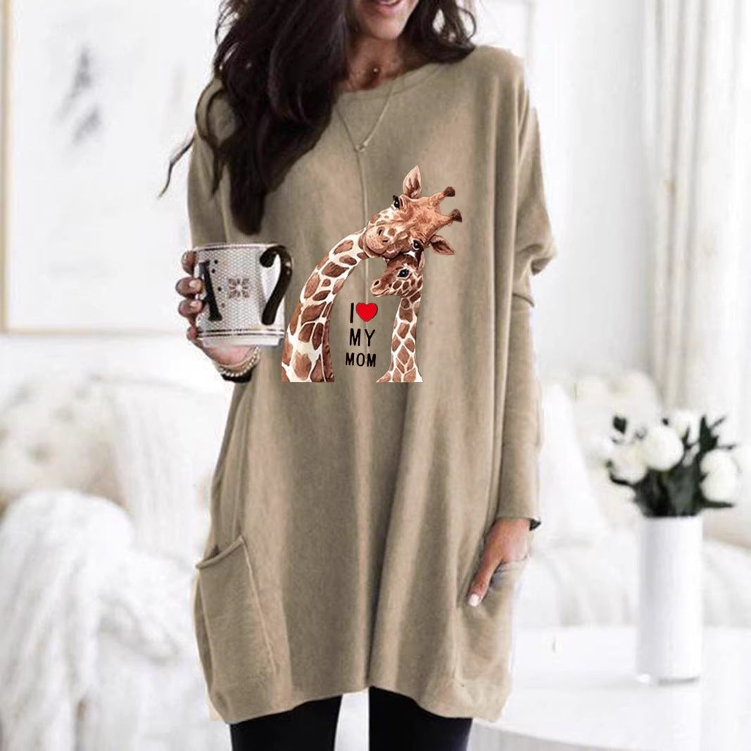 Frauen Übergroße Sweatkleid mit Giraffenmuster, Rundhalsausschnitt und Seitentaschen Drune