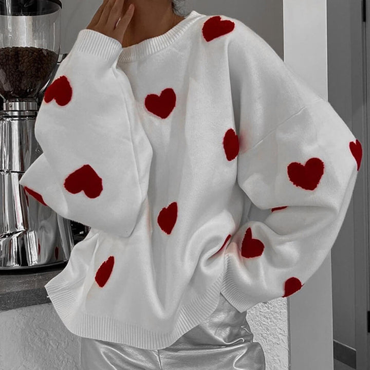 Damen Oversize-Feinstrickpullover mit Allover-Herzintarsien und überschnittenen Schultern Drune