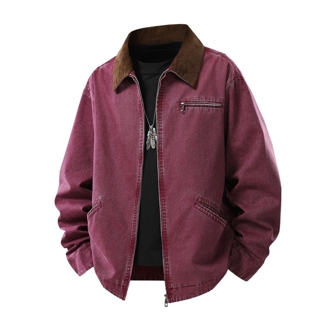 Herren gewaschene Baumwoll-Workerjacke mit Cordkragen und Reißverschluss Drune