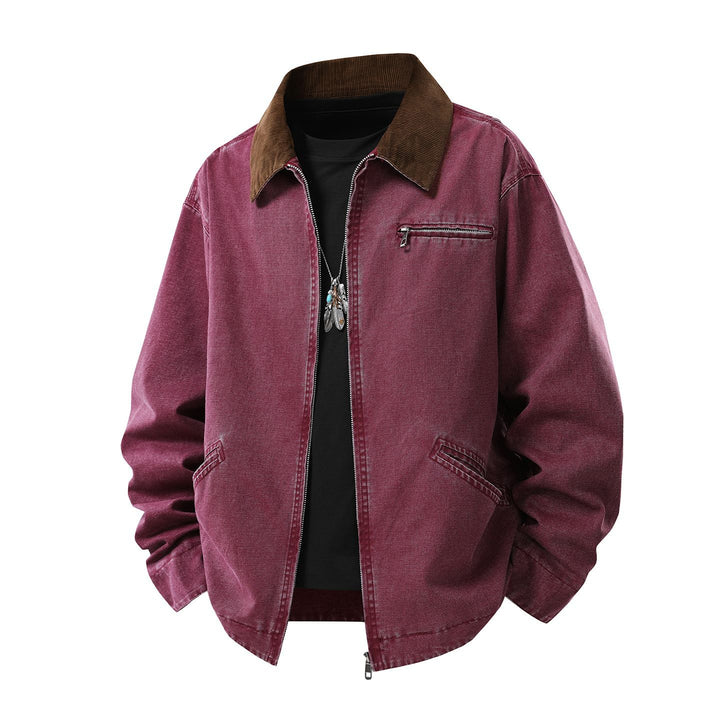 Herren gewaschene Baumwoll-Workerjacke mit Cordkragen und Reißverschluss Drune