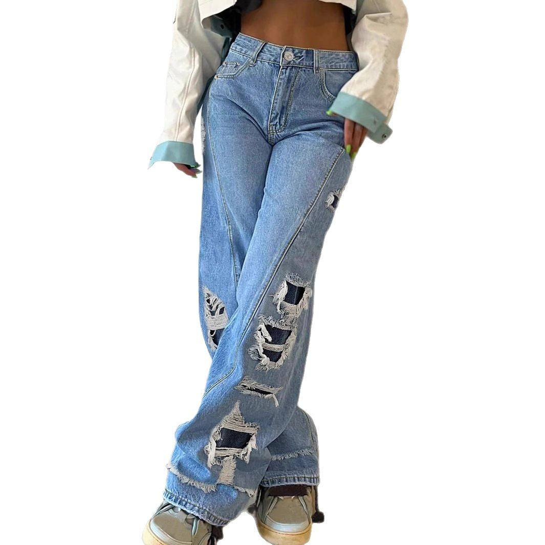 Damen weite Destroyed-Jeans mit seitlichen Cutouts und kontrastierten Unterlagen Drune
