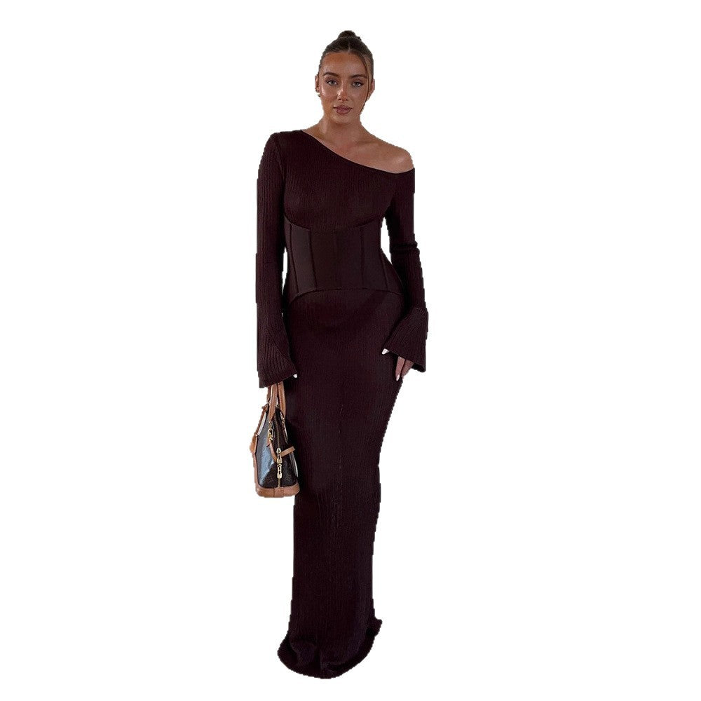 Damen One-Shoulder Maxikleid mit formendem Korsettbund und Rippstrick Drune