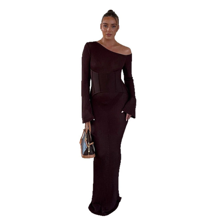 Damen One-Shoulder Maxikleid mit formendem Korsettbund und Rippstrick Drune