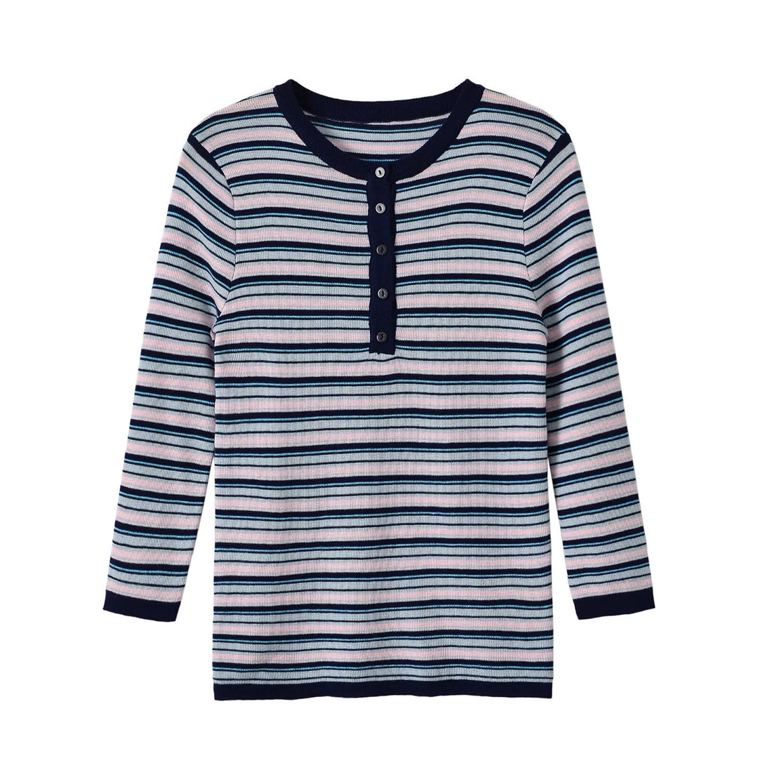 Damen Feinstrick-Henleyshirt mit feiner Streifenstruktur und Knopfblende Drune