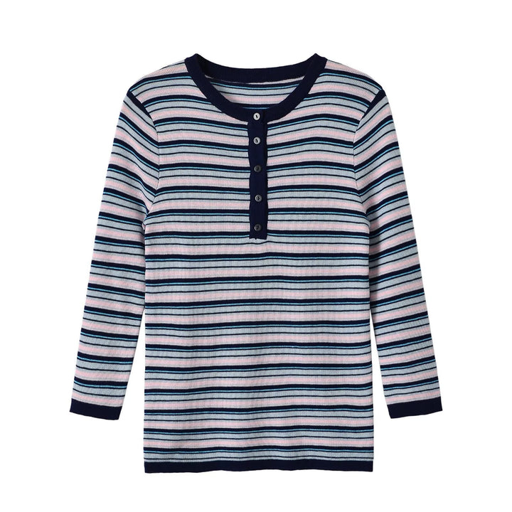 Damen Feinstrick-Henleyshirt mit feiner Streifenstruktur und Knopfblende Drune