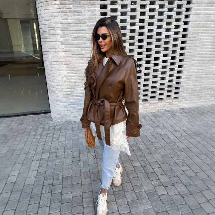 Damen Kurz geschnittener Oversize Lederimitat-Trench mit Taillengürtel und Epauletten Drune