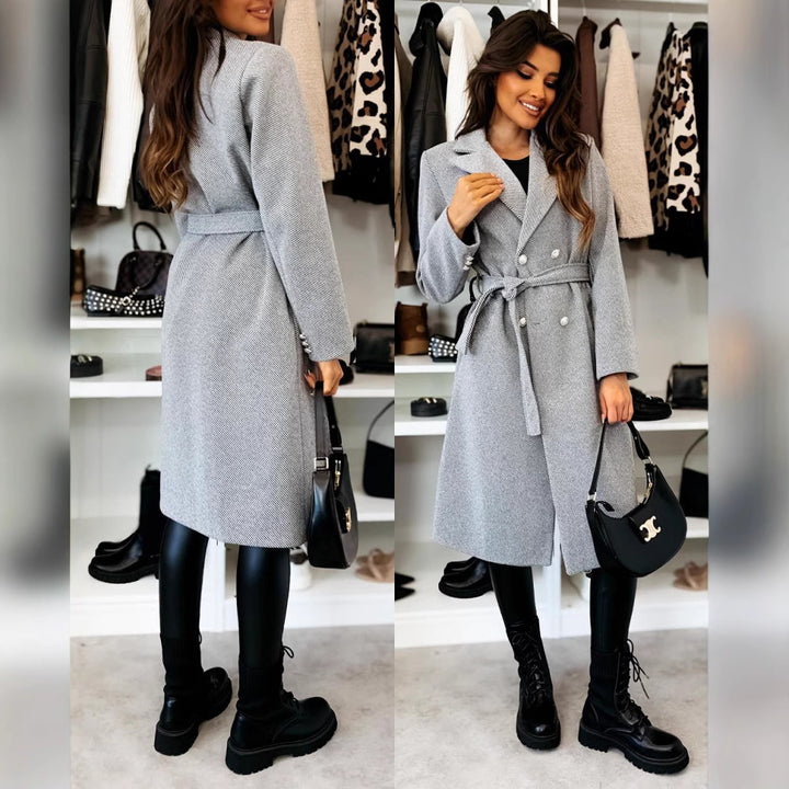 Damen Eleganter Trenchcoat mit taillierbarem Gürtel und Doppelreiher Drune