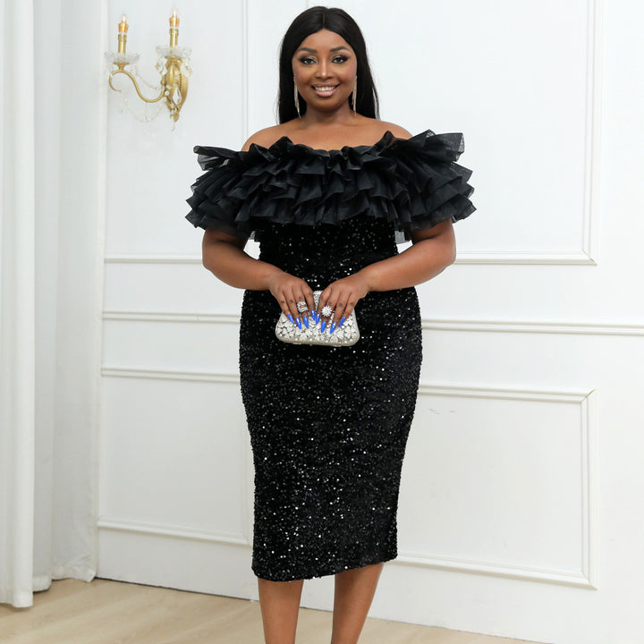 Damen Elegantes Abendkleid mit voluminösen Rüschen und funkelnden Pailletten Drune