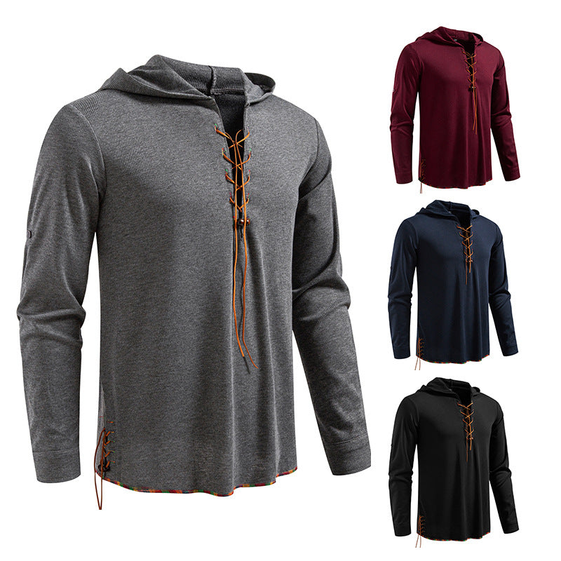 Herren Leichtes Kapuzen-Langarmshirt mit Schnürfront und aufrollbaren Dreiviertel-Ärmeln Drune