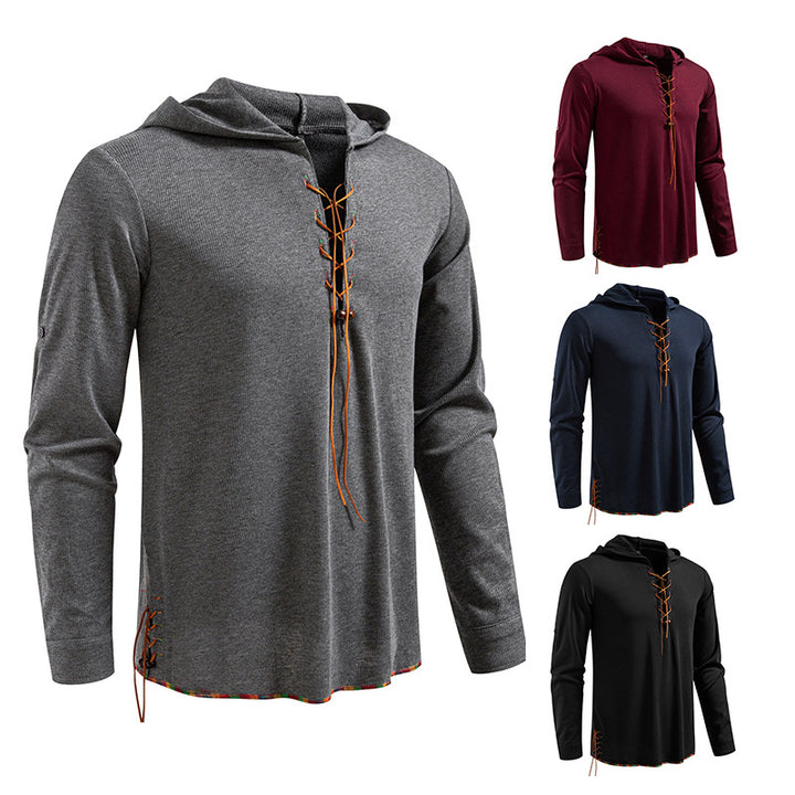 Herren Leichtes Kapuzen-Langarmshirt mit Schnürfront und aufrollbaren Dreiviertel-Ärmeln Drune