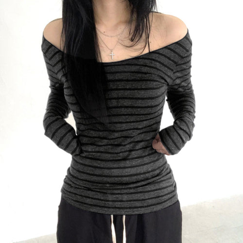 Damen nan schulterfreies gestreiftes Langarmshirt mit weitem U-Boot-Ausschnitt und figurbetonter Taillierung Drune
