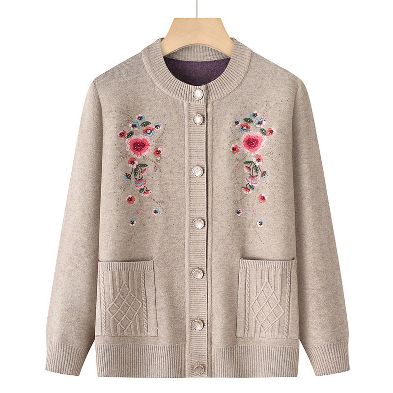 Damen nan bestickte Strickjacke mit Rundhalsausschnitt, Zierknopfleiste und aufgesetzten Taschen Drune