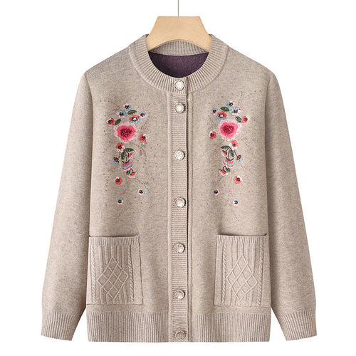 Damen nan bestickte Strickjacke mit Rundhalsausschnitt, Zierknopfleiste und aufgesetzten Taschen Drune