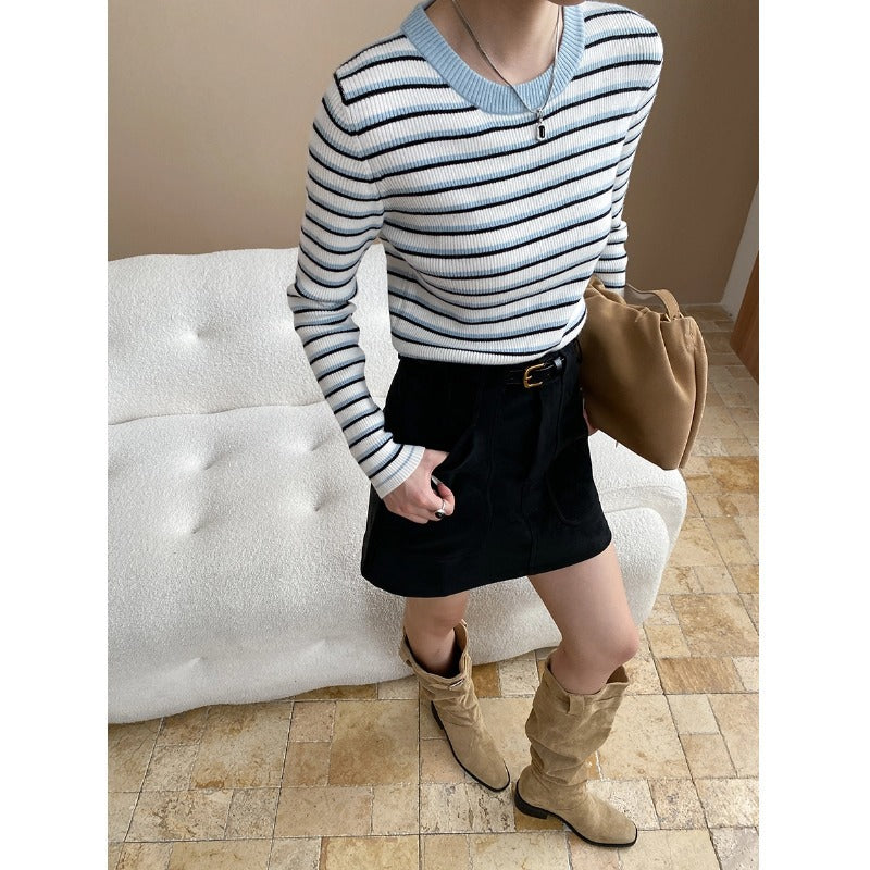 Damen gestreifter Pullover mit breitem Rundhalsausschnitt und feinem Rippstrick Drune