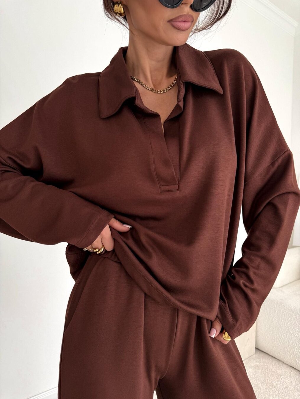 Damen Loungewear-Zweiteiler mit Hemdkragen-Cropped-Sweatshirt und weiter Palazzo-Hose Drune