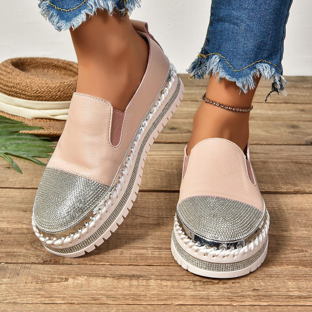 Damen Slip-On Plateau-Slipper mit Strassbesatz, elastischem Einstieg und profilierter Gummisohle Drune