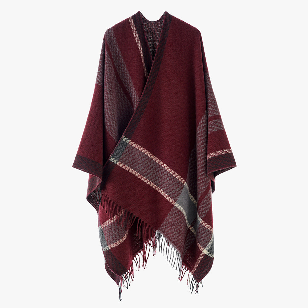 Damen Capeponcho mit Fransen und kariertem Jacquard-Design Drune
