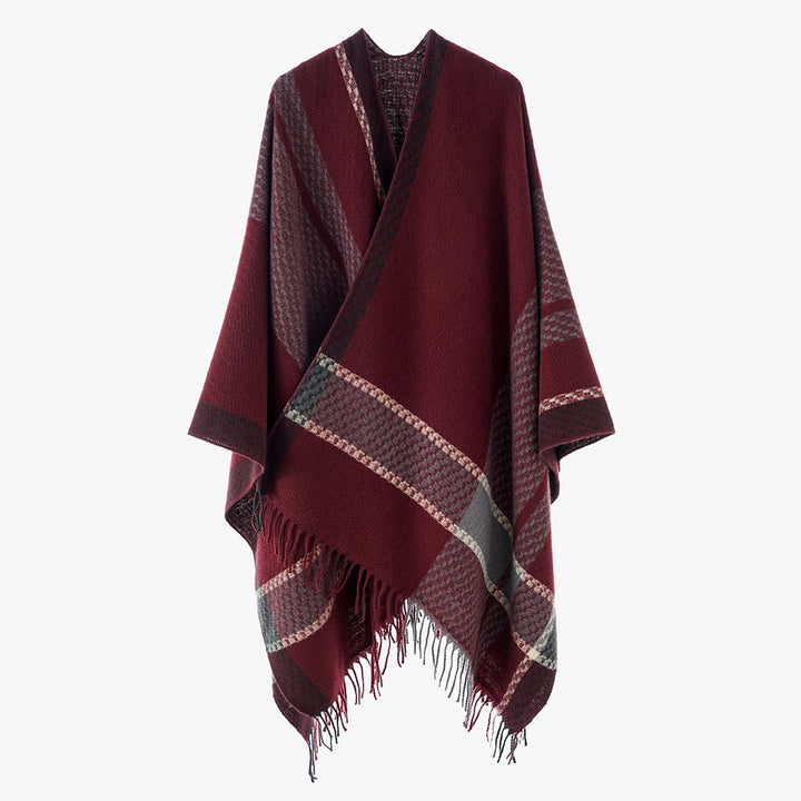Damen Capeponcho mit Fransen und kariertem Jacquard-Design Drune