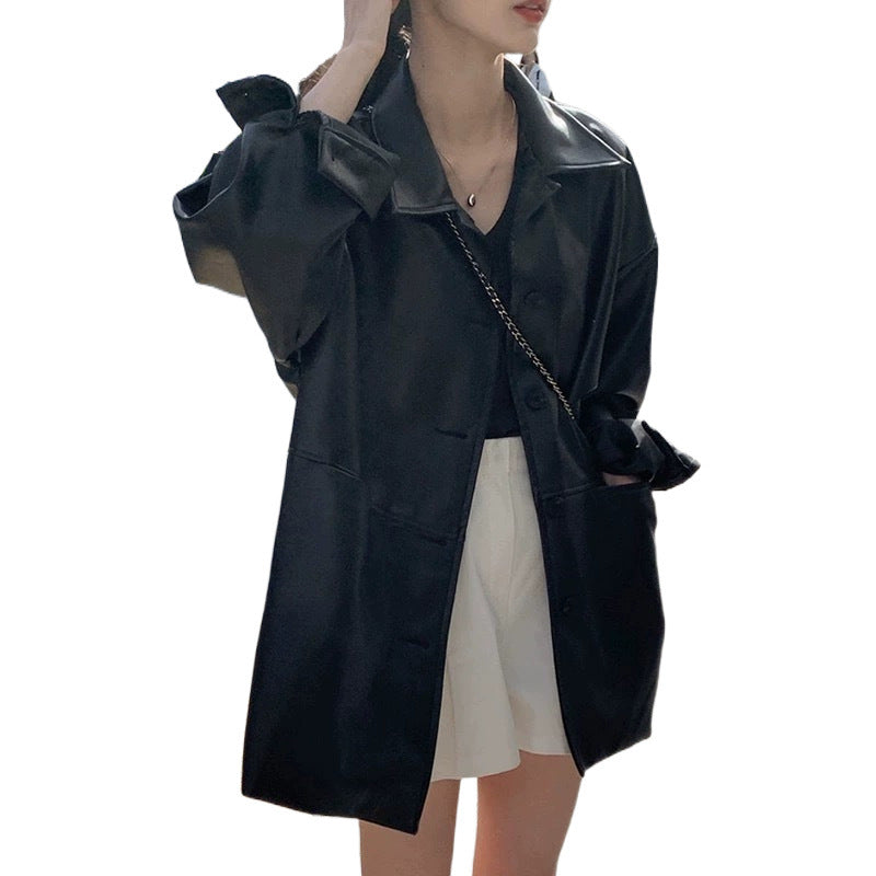 Damen Modische Longjacke aus hochwertigem Kunstleder mit praktischen Taschen und lässigem Schnitt Drune