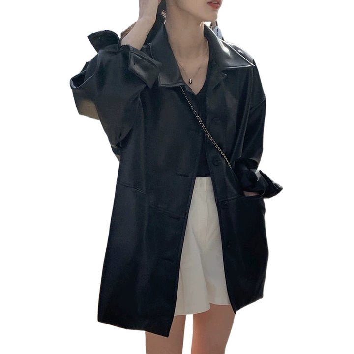 Damen Modische Longjacke aus hochwertigem Kunstleder mit praktischen Taschen und lässigem Schnitt Drune