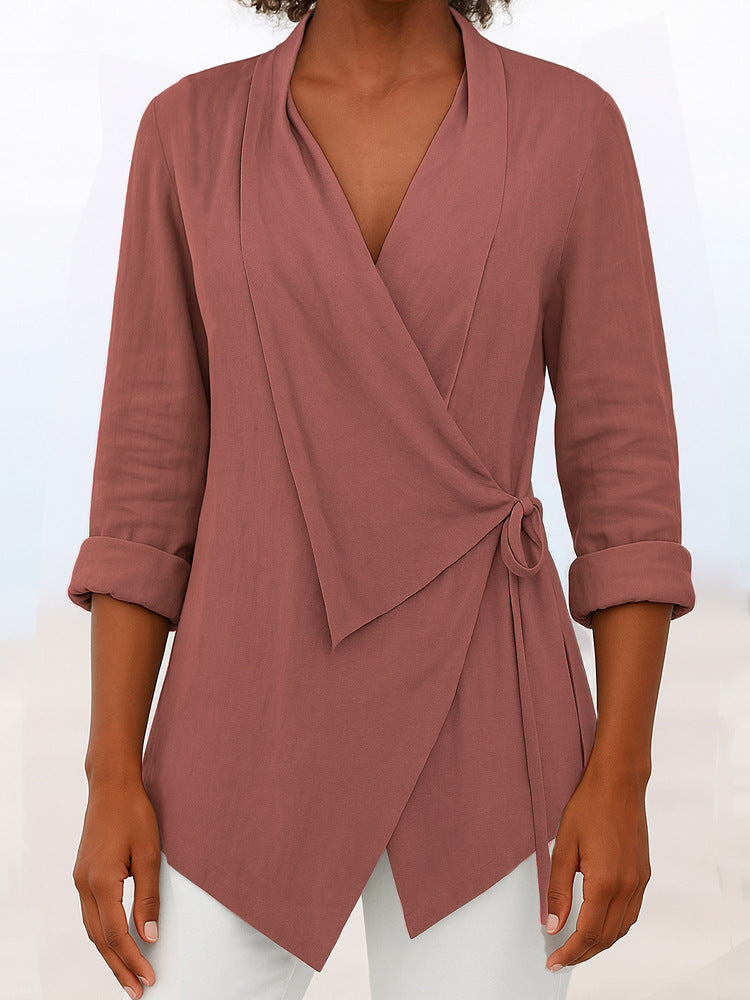 Damen Asymmetrische Wickelbluse mit Schalkragen und 3/4-Ärmeln Drune
