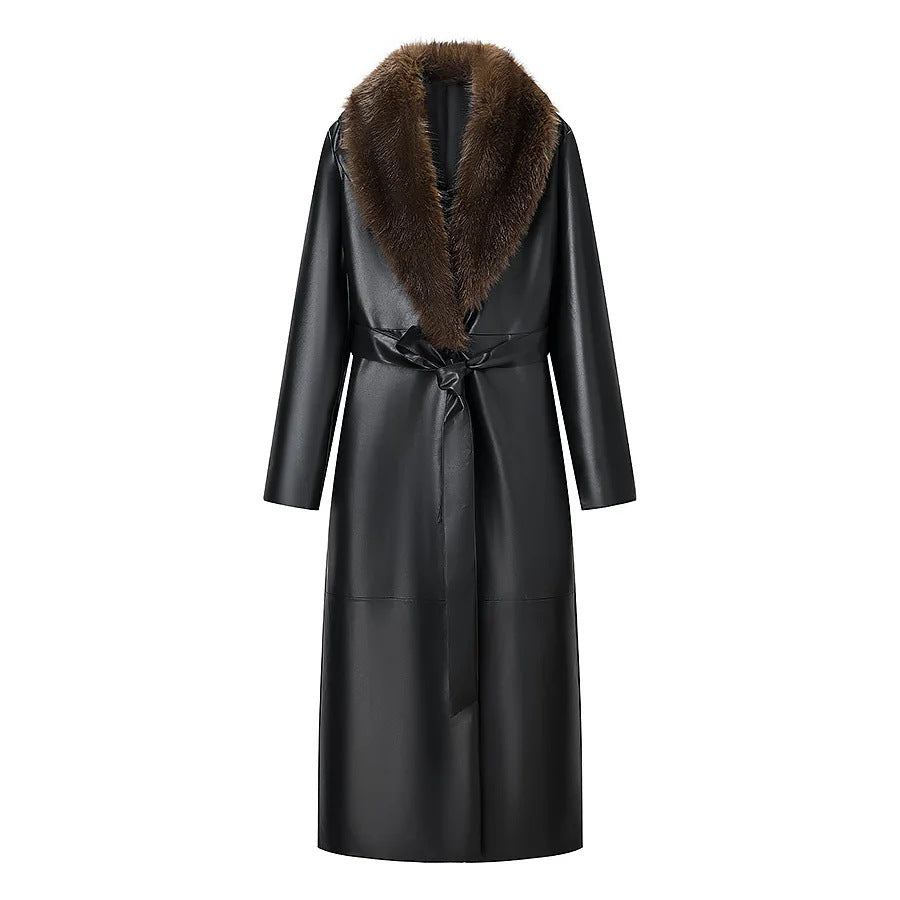 Damen nan langes Lederimitat-Mantelkleid mit voluminösem Kunstfell-Schalkragen und Bindegürtel Drune