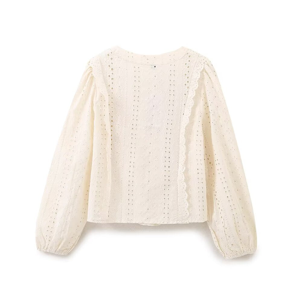 Damen Broderie‑Anglaise Bluse mit Rundausschnitt, Ballonärmeln und Spitzenbesatz Drune