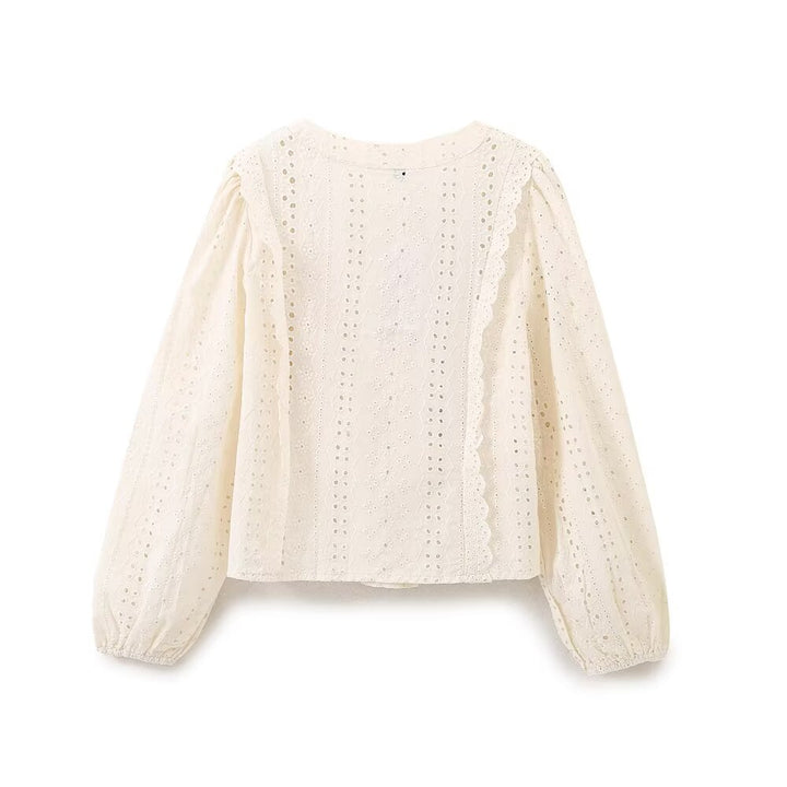 Damen Broderie‑Anglaise Bluse mit Rundausschnitt, Ballonärmeln und Spitzenbesatz Drune