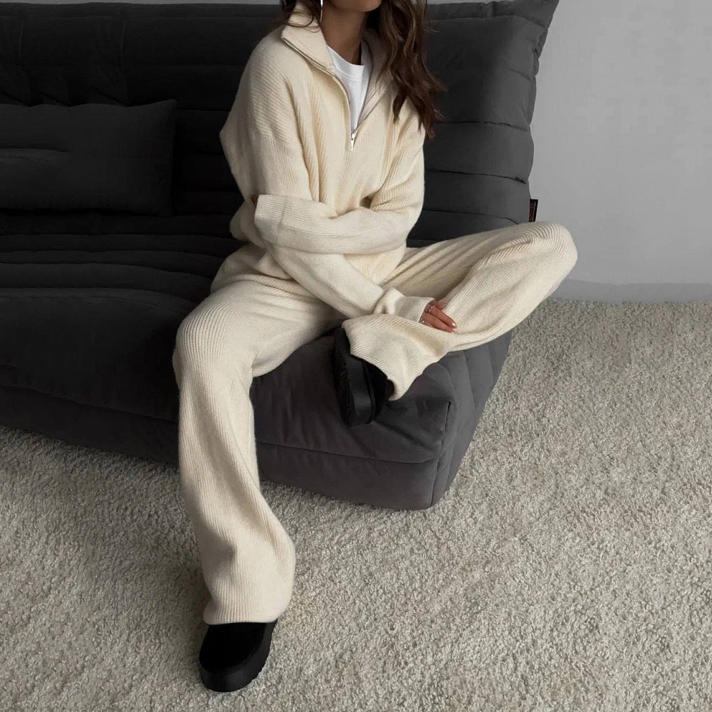Damen nan geripptes Strick-Lounge-Set mit Halbzip-Pullover und hochgeschnittener Leggings Drune