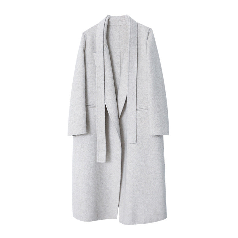 Damen eleganter Wickelmantel aus hochwertigem Wollmix mit Taillengürtel Drune